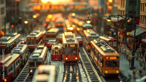 A model train set with trams and people in a diorama with a sunset