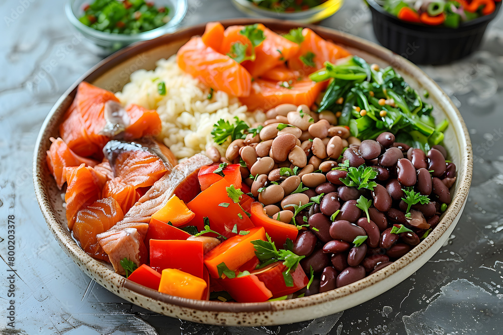 A delicious dish with salmon, beans, rice, and peppers served on a table