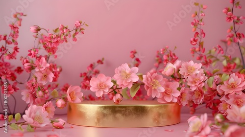 gold pedestal or podium with flowers on pink background