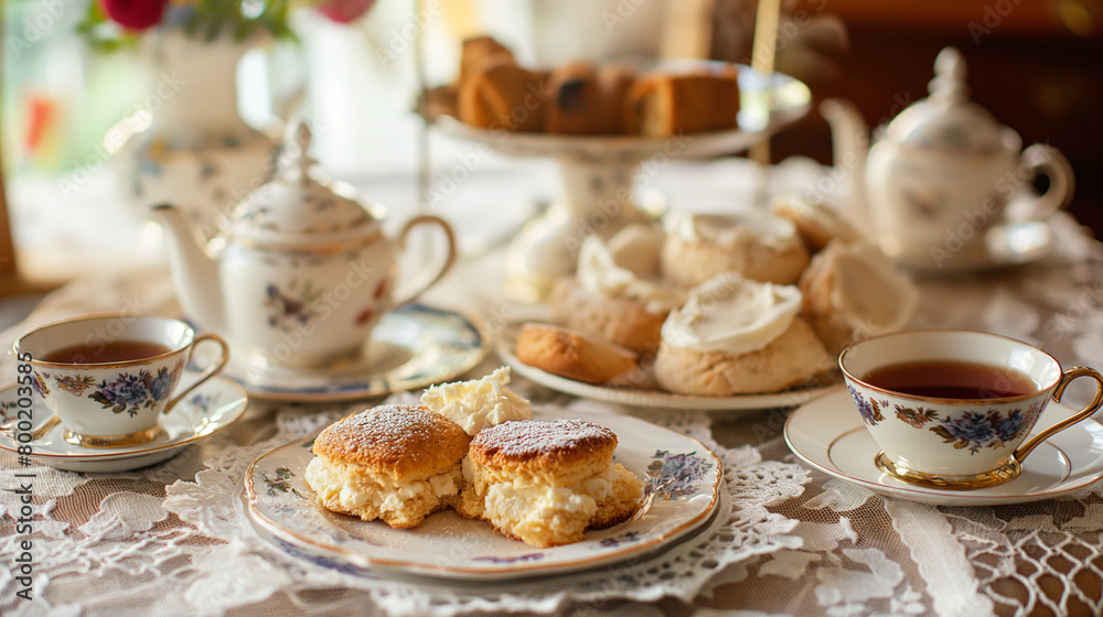 A table set with a variety of scones, clotted cream, and tea.

