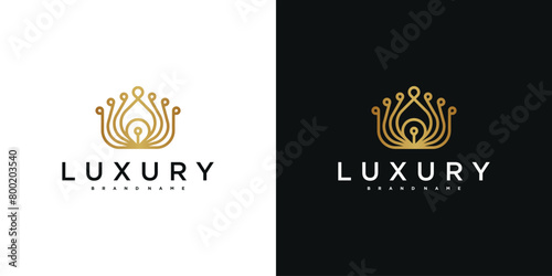 Golden peacock feather logo luxury line art style. Premium Vector