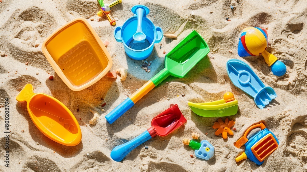 Vibrant Beach Play Set with Colorful Toy Boat and Tools, Top View Sand Fun for Kids Vibrant Beach Play Set with Colorful Toy Boat and Tools, Top View Sand Fun for Kids