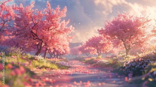 A photo of a cherry blossom tree in full bloom with a pink sky and a soft focus.