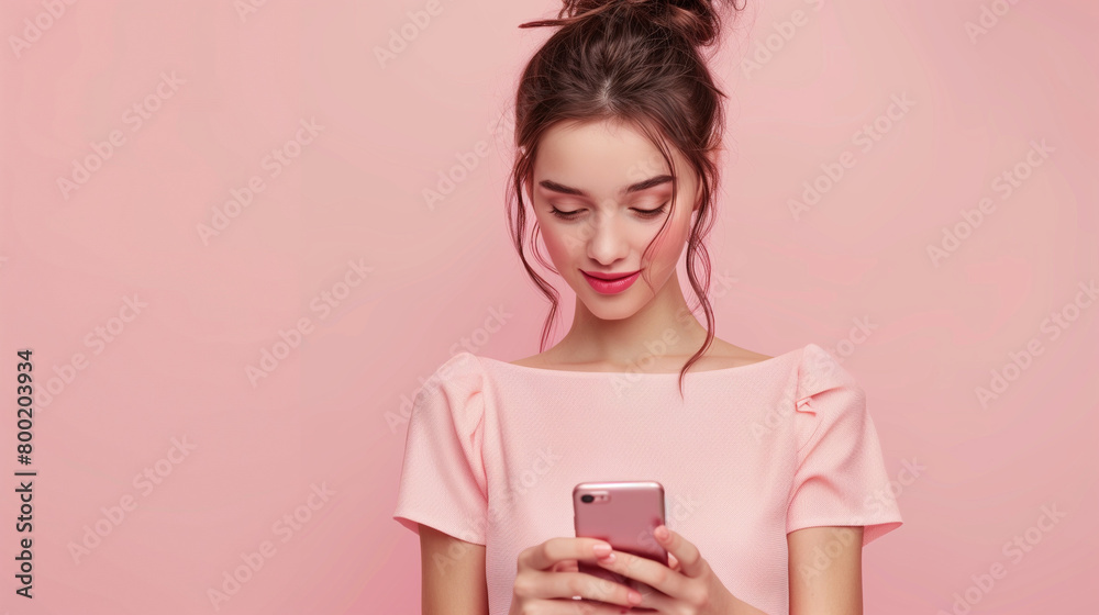 A young woman using her smartphone against a pastel background.