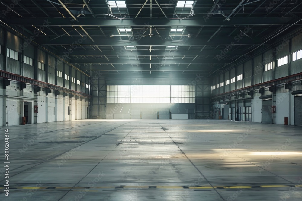 Large empty warehouse with glossy concrete floor