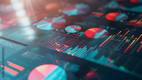 Many charts and graphs. Reflection light and flare. Concept image of data gathering and statistical working