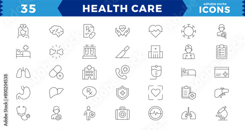 Medicine and Health symbols pixel Perfect Line Icons set. Vector illustration in modern thin line style of medical icons: instruments, Containing treatment,prevention, medical,health,editable Stroke