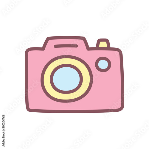 Cute camera icon. Hand drawn illustration of a funny pink photocamera isolated on a white background. Kawaii sticker. Vector 10 EPS.