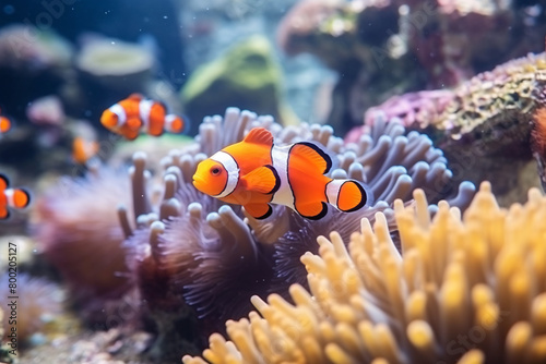 a vibrant aquarium with a clownfish swimming among coral and anemones, set against a blue, underwater background The scene features a tropical,