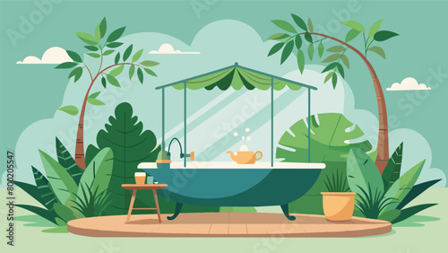 A tranquil outdoor bathtub nestled under a canopy of greenery with a small side table holding a cup of herbal tea and a few leafy plants..