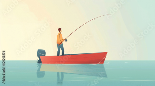 Man fishing from a boat. Flat modern illustration on white background. Perfect for banners, posters, websites, and more. Copy space for text.