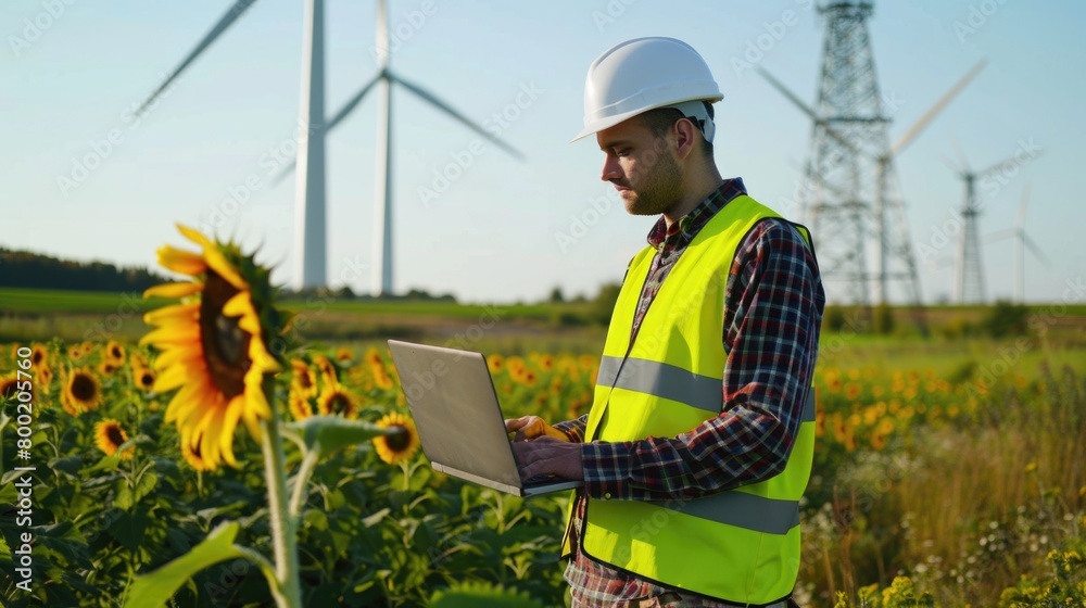 Technician using a laptop in an open field with sunflowers and wind turbines in the background