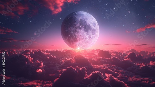 An early morning moon with pink clouds and a blue sky.