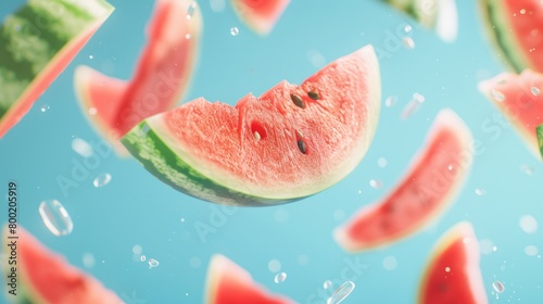 Falling slices watermelon on light blue background. Generated AI image
