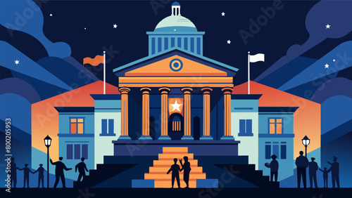 An immersive projection mapping display illuminating a historic courthouse with powerful symbolic images and quotes related to Juneteenth and the. Vector illustration