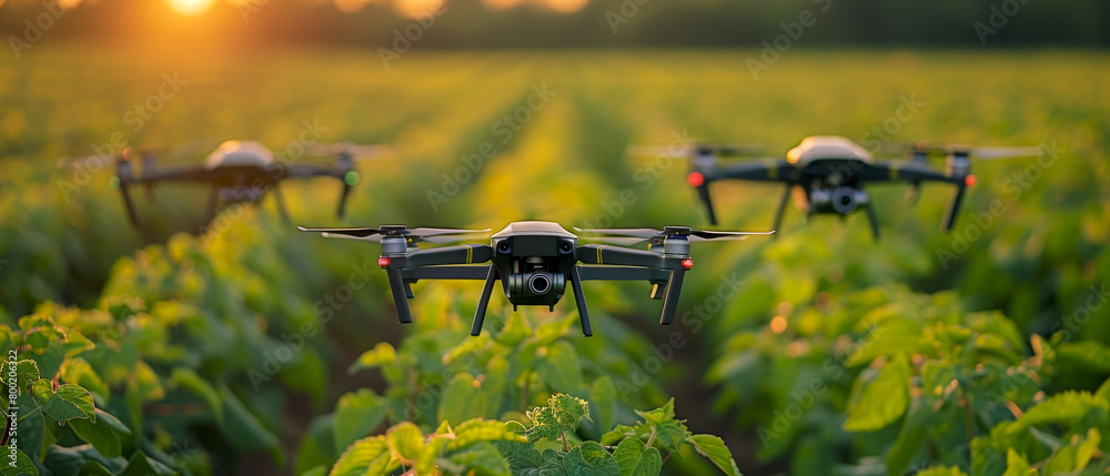Three drones flying over a field of green plants at sunset Three drones flying over a field of green plants at sunset