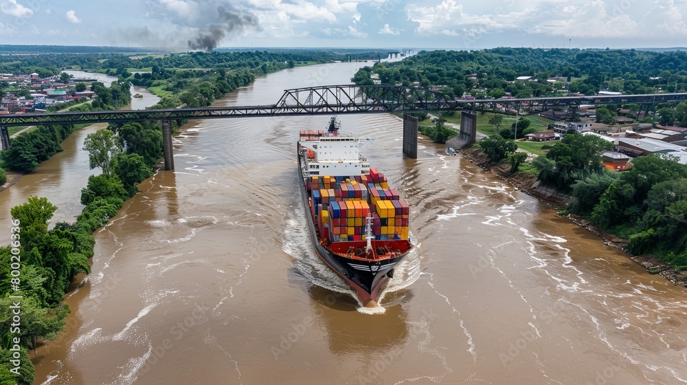 Naklejka premium Aerial perspective of cargo vessel with colorful containers passing under commercial bridge