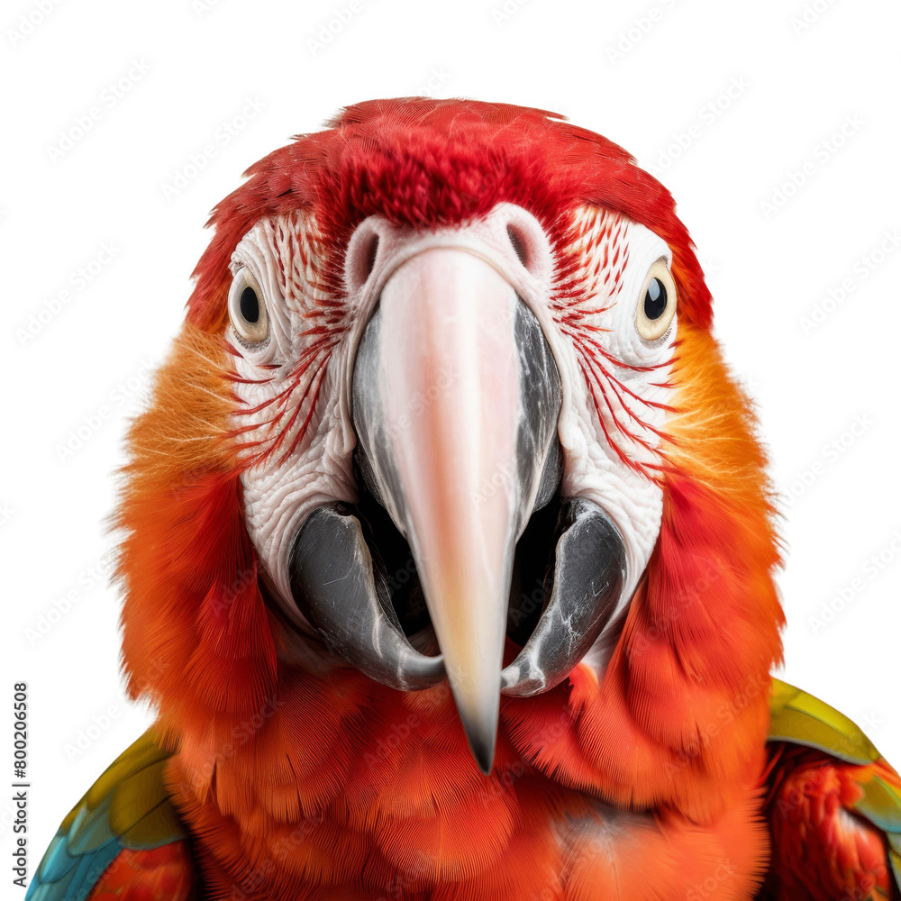 Fototapeta premium A close-up of a red macaw parrot with its beak slightly open.