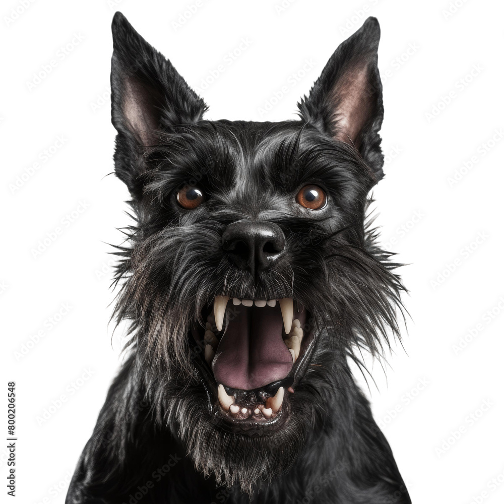 A black dog growls with its teeth bared.