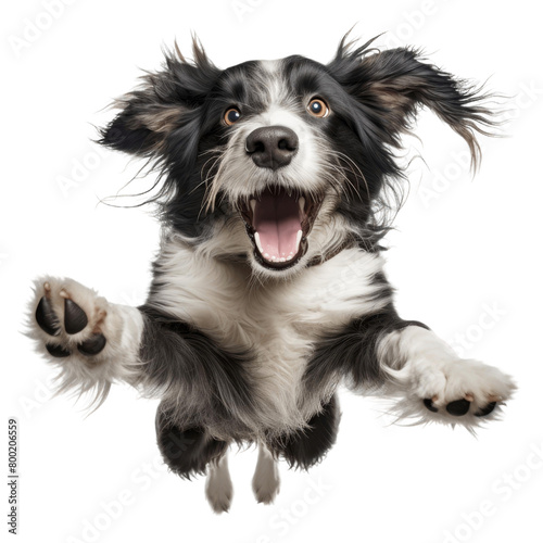 A cute Border Collie dog is jumping up in the air with its paws out in front of it. photo