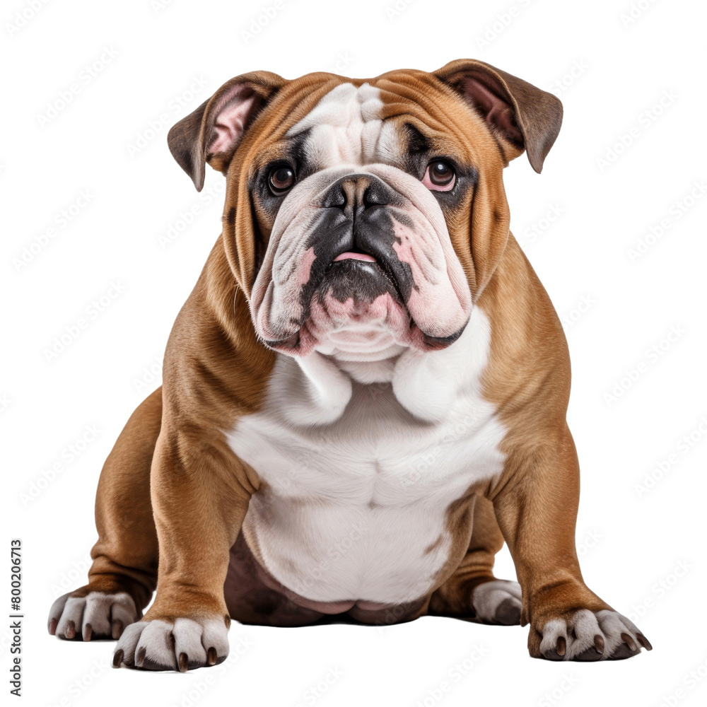 A studio photo of an English Bulldog sitting with a curious expression on its face.