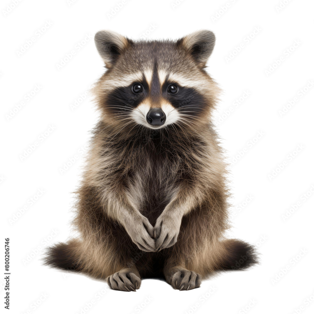 A raccoon is sitting on its haunches looking at the camera with a curious expression on its face.
