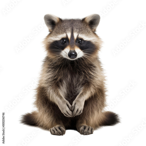 A raccoon is sitting on its haunches looking at the camera with a curious expression on its face. © Foxgrafy