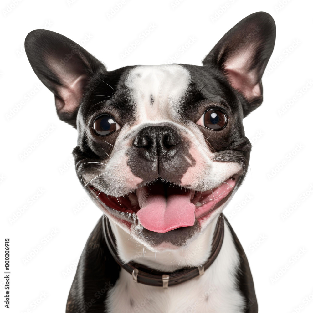 A closeup of a happy black and white Boston Terrier dog smiling with its tongue out.