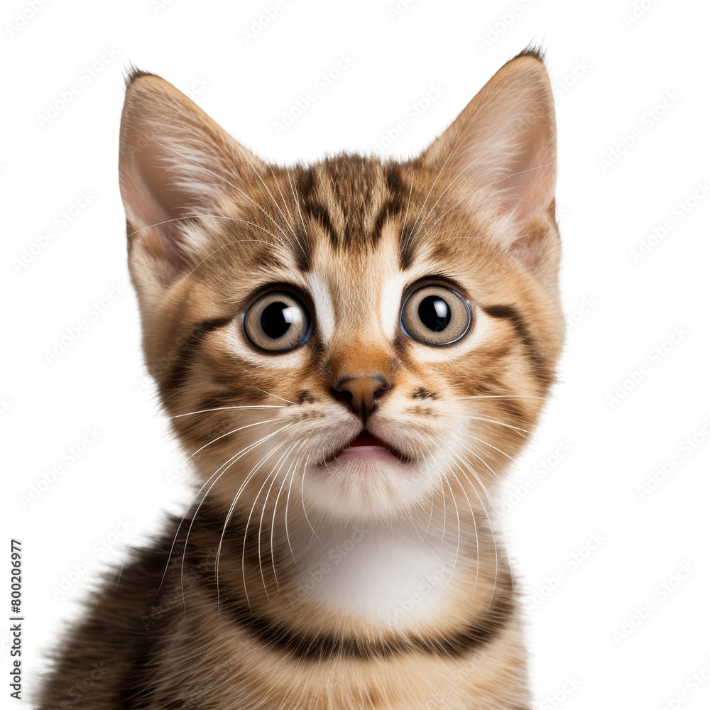 Obraz premium A cute tabby kitten with wide open eyes and mouth looks up in surprise.
