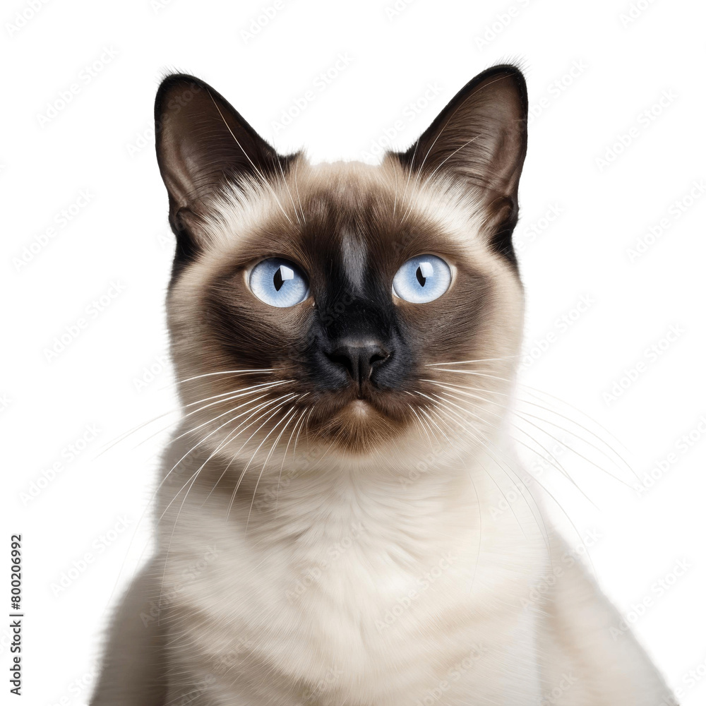 A Siamese cat with blue eyes and a black nose is looking at the camera with a curious expression on its face. The cat has short brown fur and a long, fluffy tail.