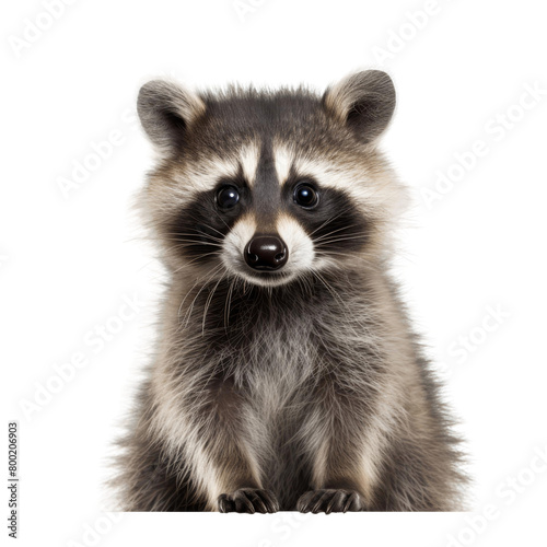 A baby raccoon looking at the camera with its big black eyes © Foxgrafy