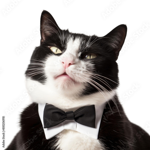 A black and white tuxedo cat wearing a bow tie looks up at the camera with a curious expression.