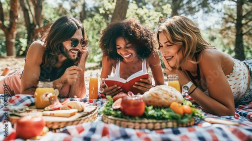 Happy young multiracial people having fun during pic nic day in nature eating healthy food and reading a book - Summer and friendship concept - Models by AI generative photo