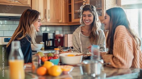 Female roommates having breakfast in kitchen together - Young women share apartment - Models by AI generative photo