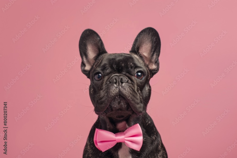 smartly dressed french bulldog in bow tie against plain bright pink backdrop, close up elegant dog wearing bowtie in studio