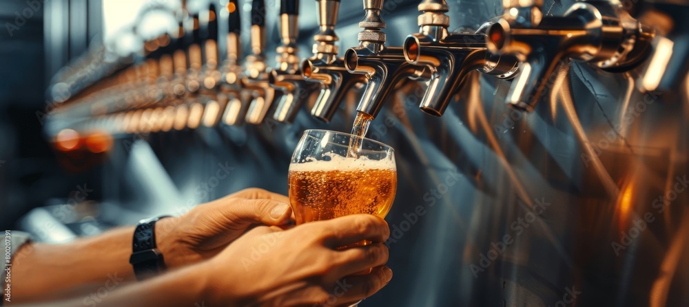 Obraz premium Close up of bartender s hands pouring beer from tap for a refreshing and satisfying drink experience