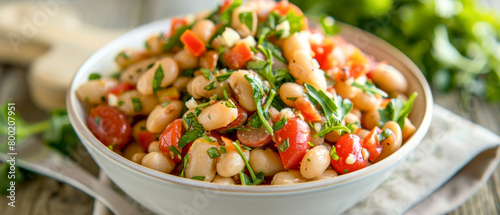 Close up bowl of light and fresh salad food with beans, tomatoes and parsley