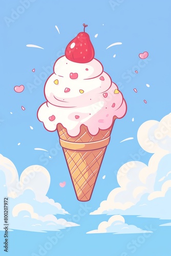 A cheerful scoop of ice cream in a crisp waffle cone, topped with sprinkles and a cherry, held against a sunny blue sky, epitomizing a perfect summer treat. cartoon drawing, water color style,