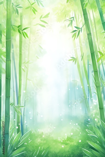 A tranquil scene of a bamboo forest  with tall  straight stalks reaching skyward and light filtering through the dense greenery  evoking a sense of peace and natural beauty. cartoon drawing  water col