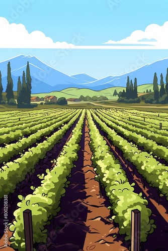 A sunlit vineyard with rows of grapevines stretching as far as the eye can see, framed by rolling hills and a clear sky, perfect for a photo highlighting agricultural beauty and wine production. carto photo