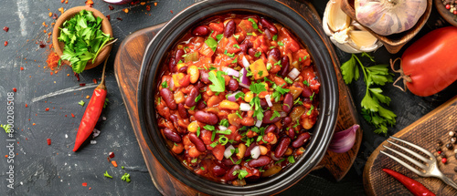 Bean chili, a spicy and robust comfort food with a twist on wooden table