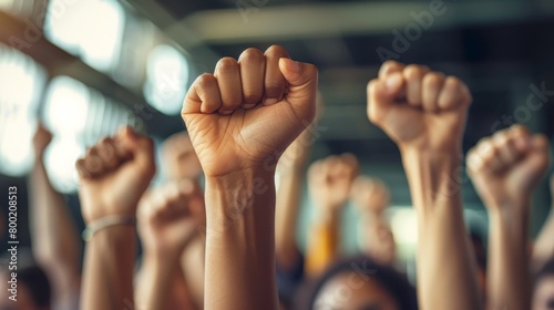 A group of individuals exhibiting joint solidarity by raising their fists in the air, showing determination through facial expressions and clenched fingers