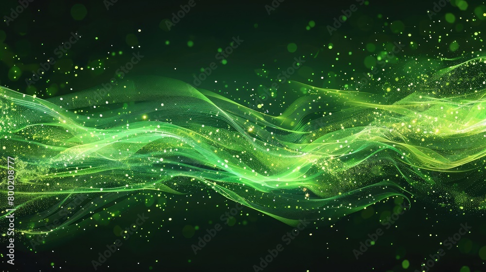 Green glowing magic waves from energy particles abstract background, Abstract, energy and green motion waves on a black background for wallpaper, design and eco science ,background with glowing lines 