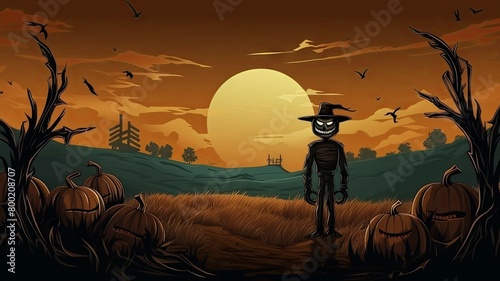 Pumpkinheaded Scarecrow Watches Over Cornfields as Harvest Moon Rises photo