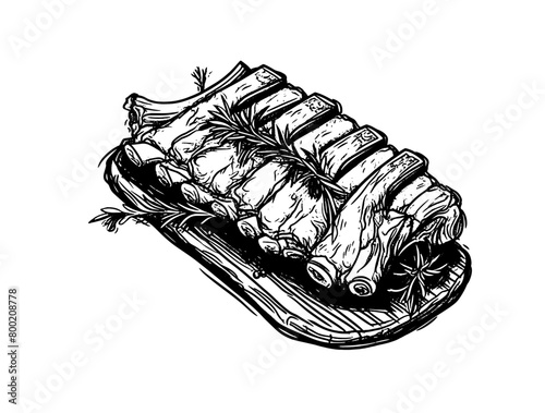 Grilled meat ribs on wooden board. Food of different countries. Black and white outline on white background. Hatching.