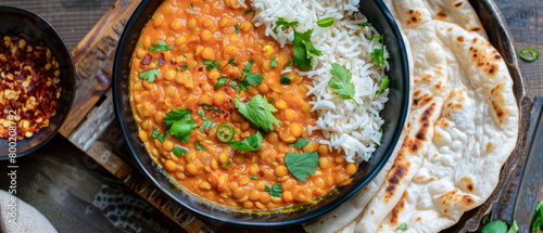 Top view bowl of red lentil dahl with white rice and tortillas