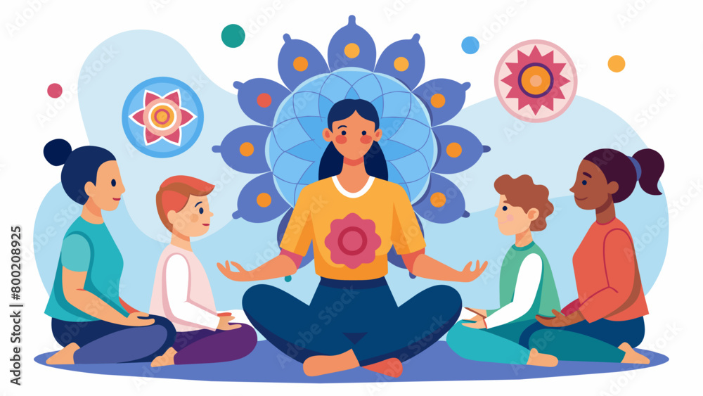 An art the leading a guided meditation while participants create mandalas a powerful tool for healing and introspection.. Vector illustration An art the leading a guided meditation while participants create mandalas a powerful tool for healing and introspection.. Vector illustration