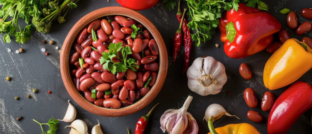 A rustic ceramic bowl of red beans surrounded by variety of vegetables