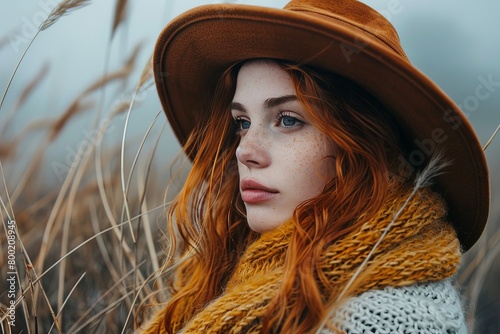 Red-haired woman with freckles in an autumn setting wears a hat and scarf, looking away with an intense expression photo