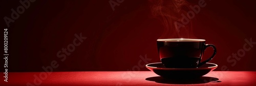 Steaming Hot Cup of Coffee on a Deep Burgundy Background Evoking Warmth and Comfort photo